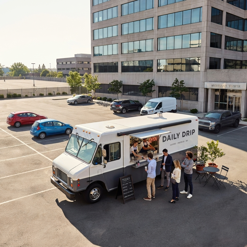 A food truck named Daily Drip serving coffee and pastries in a parking lot outside a modern office building with people ordering and drinking coffee.