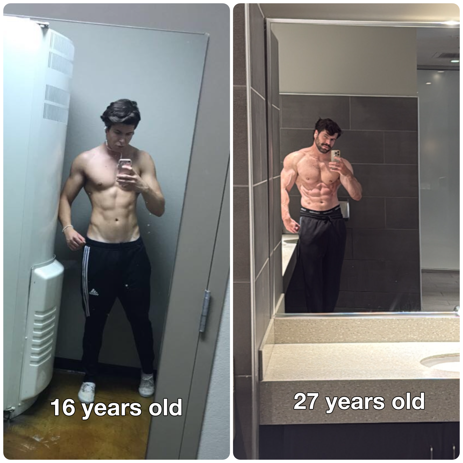 Side-by-side comparison of two mirror selfies showing a young man at different ages, 16 years old on the left and 27 years old on the right. The man is shirtless, displaying his physique, with short dark hair and a beard; he takes each photo with a smartphone in a bathroom or locker room.