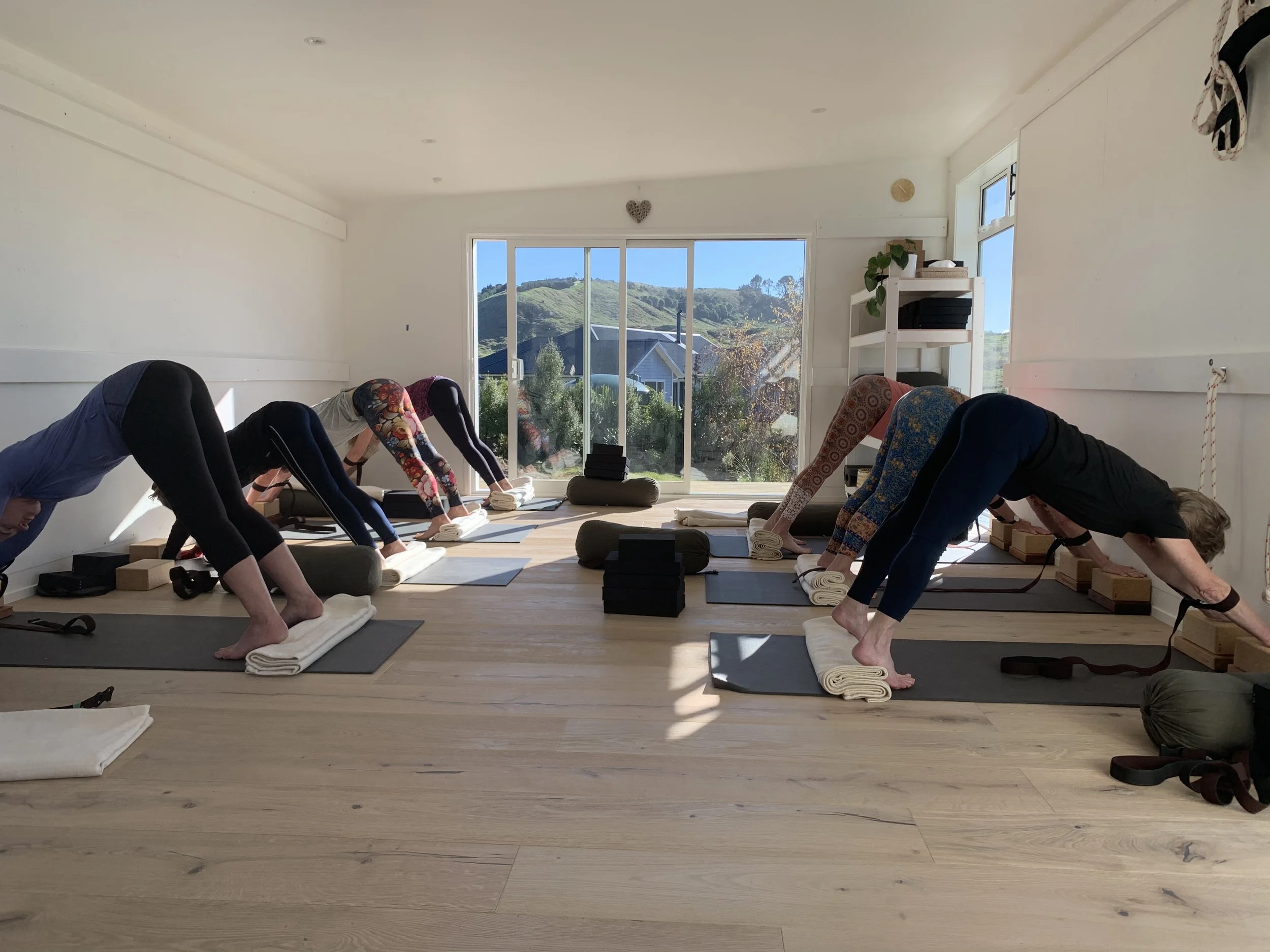 People practicing yoga in a bright indoor room with large windows showing green hills outside.