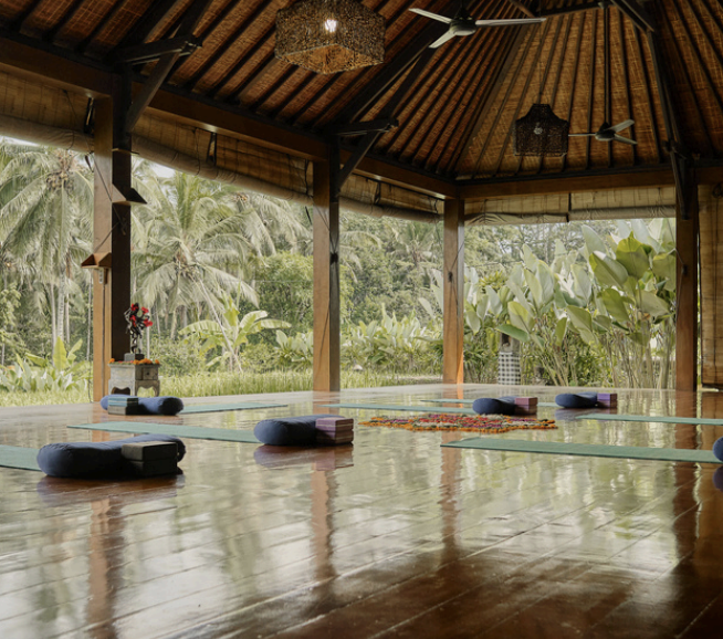 The Shala in Bali for our retreta, wooden floors and views of the jungle.