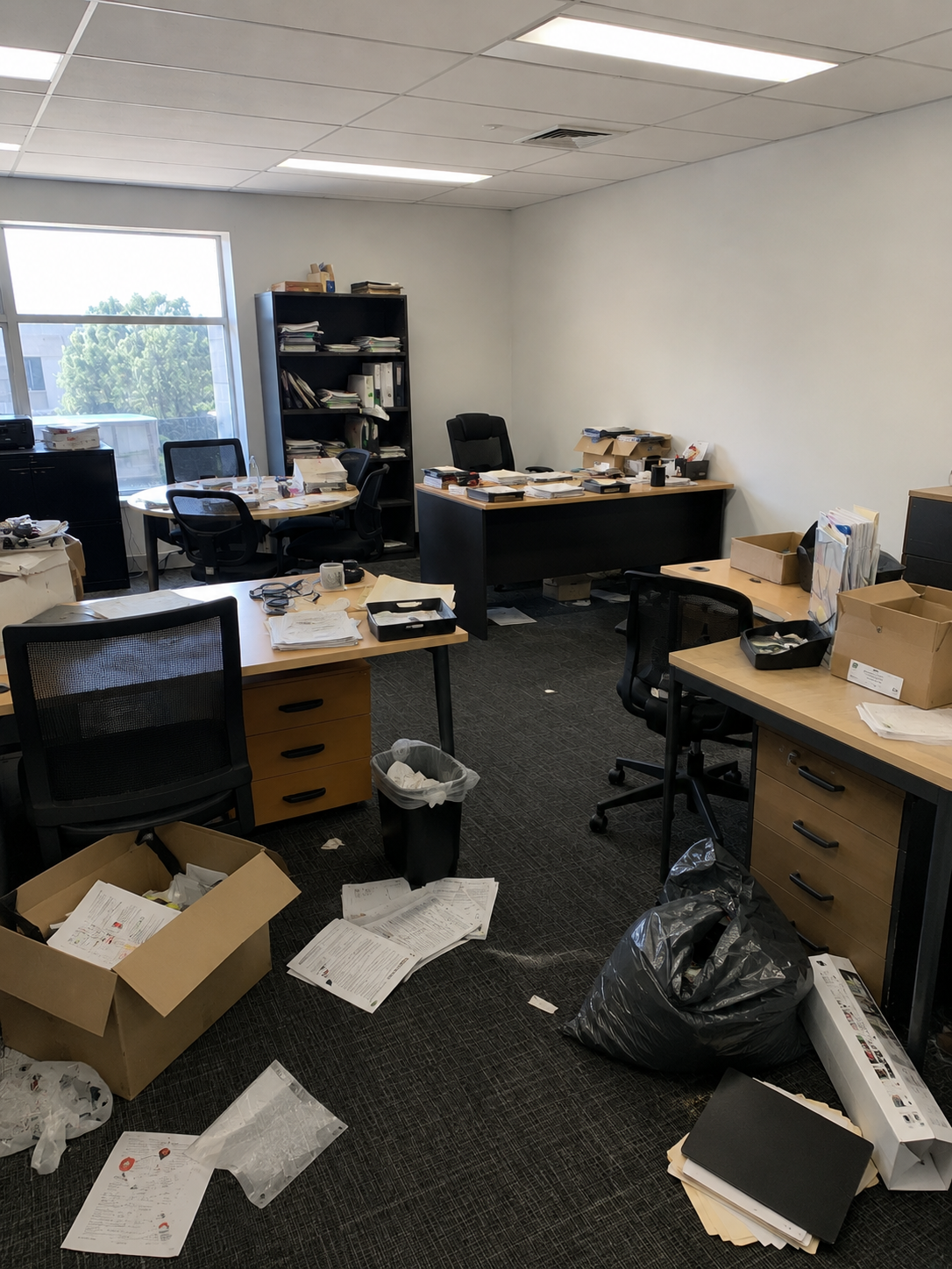 Office cluttered with paper, files, boxes, and trash on desks and floor.