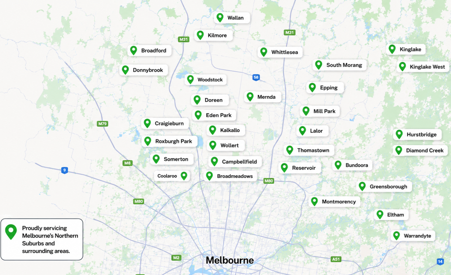 Map showing suburbs around Melbourne, Australia, marked with green pins. The pins are labeled with suburb names, including Wallan, Kilmore, Broadford, Donnybrook, Woodstock, Doreen, Eden Park, Craigieburn, Roxburgh Park, Somerton, Coolaroo, Broadmeadows, and others. The map highlights major roads and motorways.