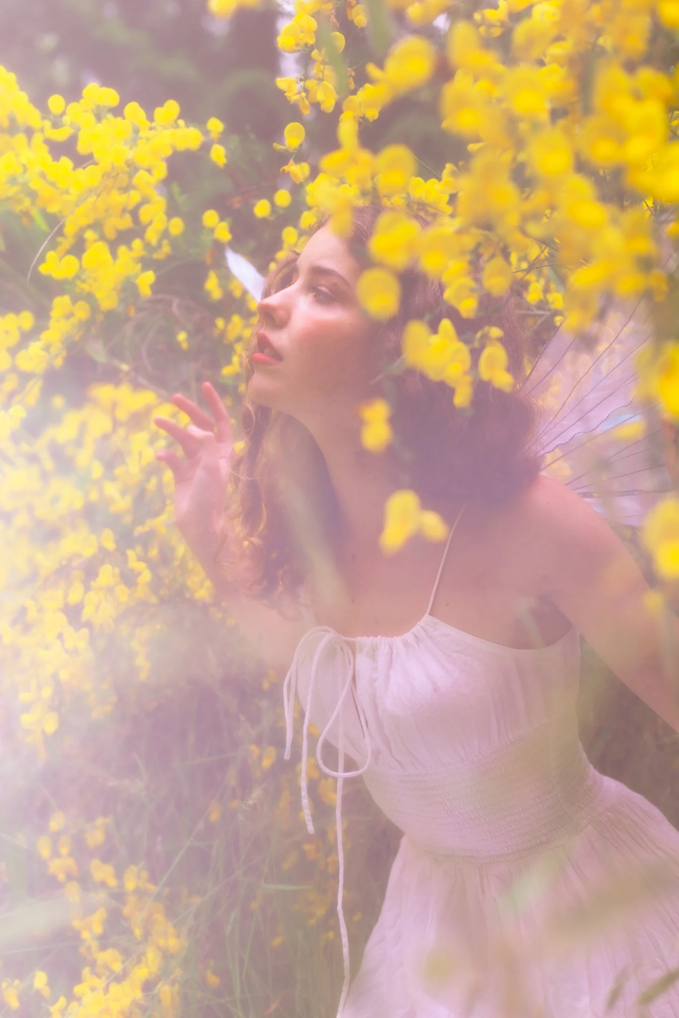 A woman with curly brown hair wearing a white dress surrounded by yellow flowers.