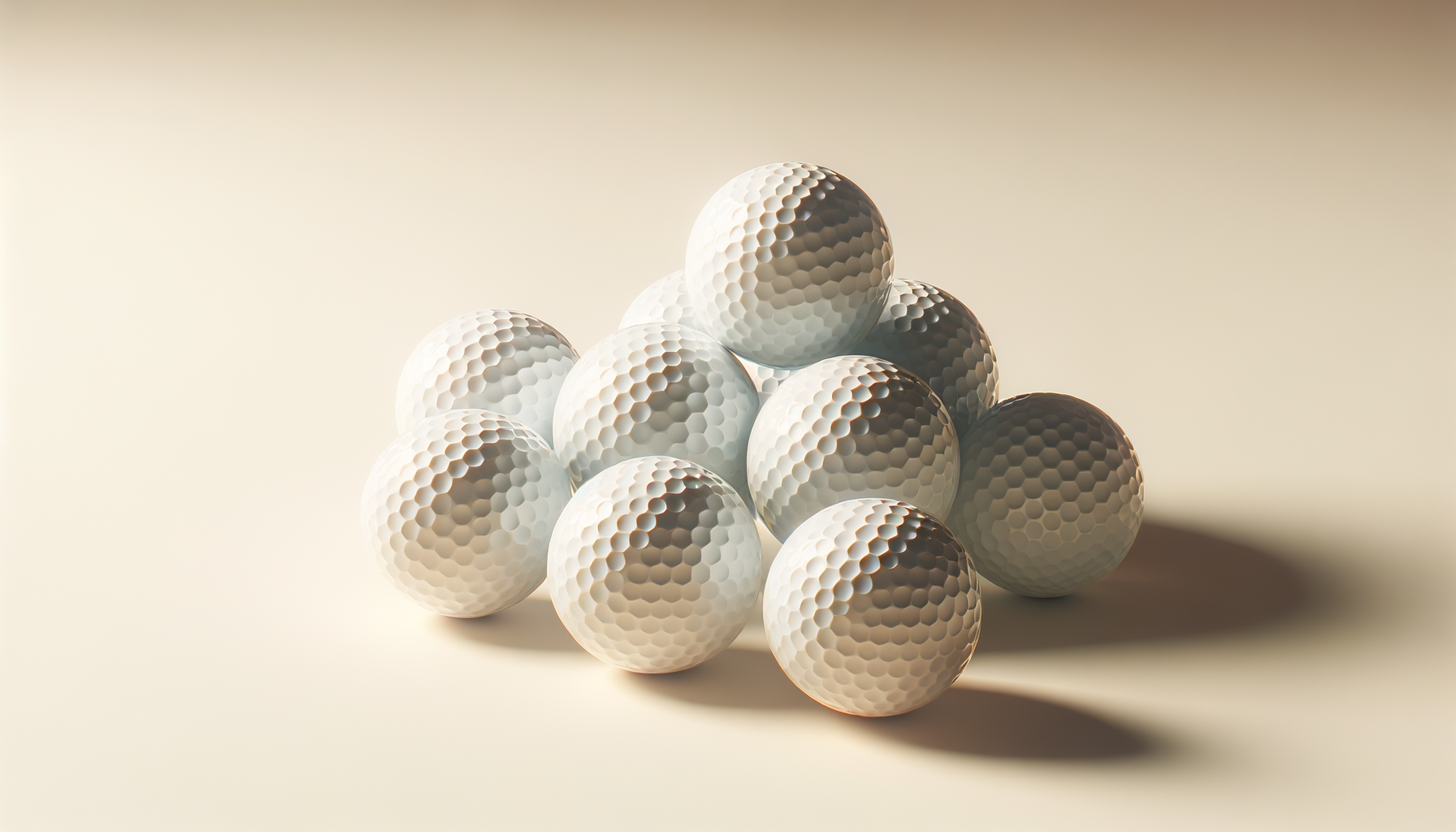 Multiple stacked white golf balls with textured surfaces on a neutral background.