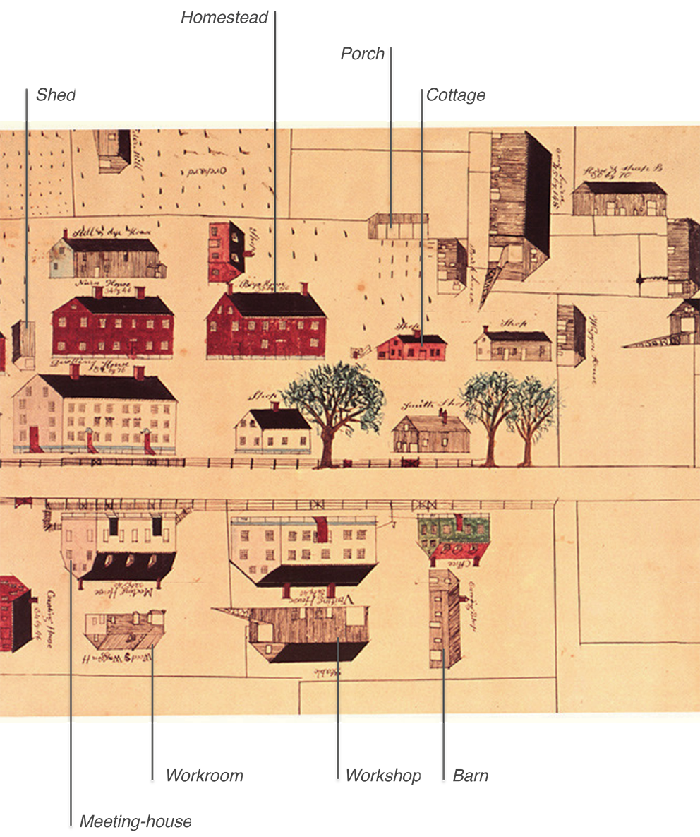 Hand-drawn map of a small town or village with various buildings, trees, and structures labeled with handwritten descriptions.