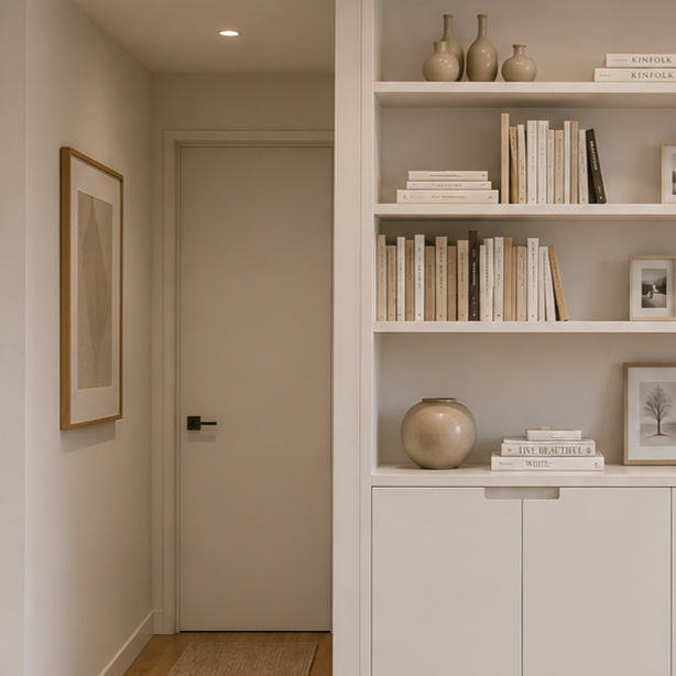 Interior of a home with a white door, beige walls, and built-in white bookshelves filled with beige and white books, vases, and framed pictures.