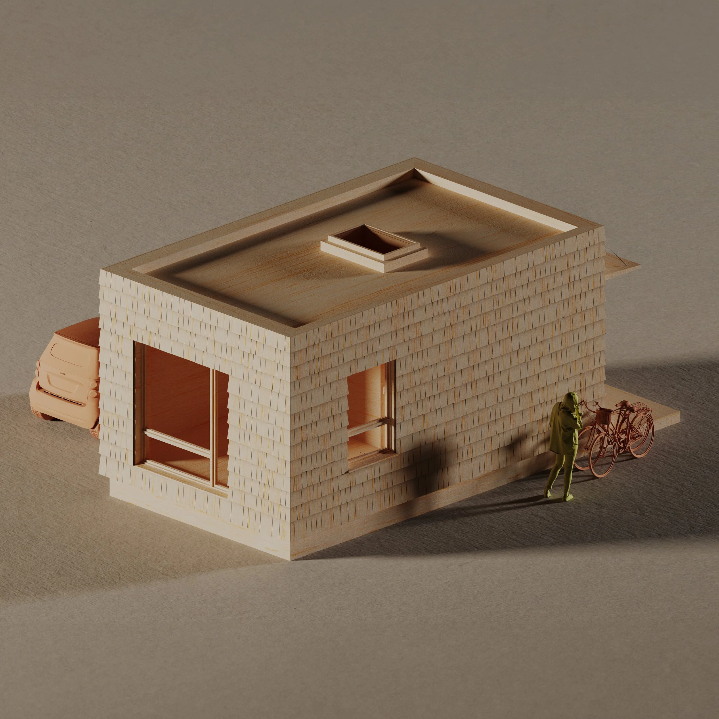 Modular Spectacular Cottage — 300 sf compact single-story shingled modular home with rooftop skylight, isometric model view