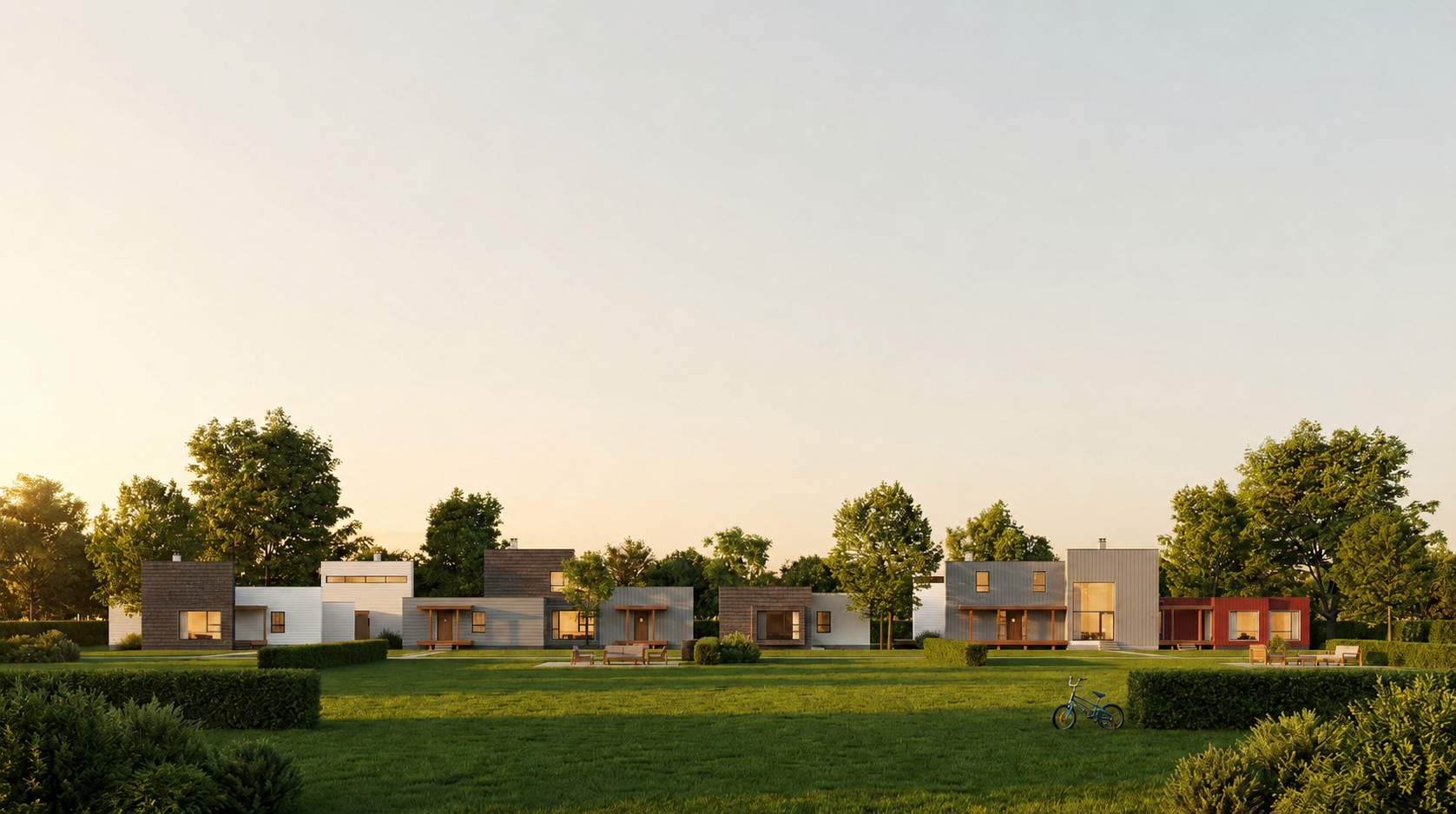 Row of colorfulModular Spectacular homes at dusk forming a neighborhood