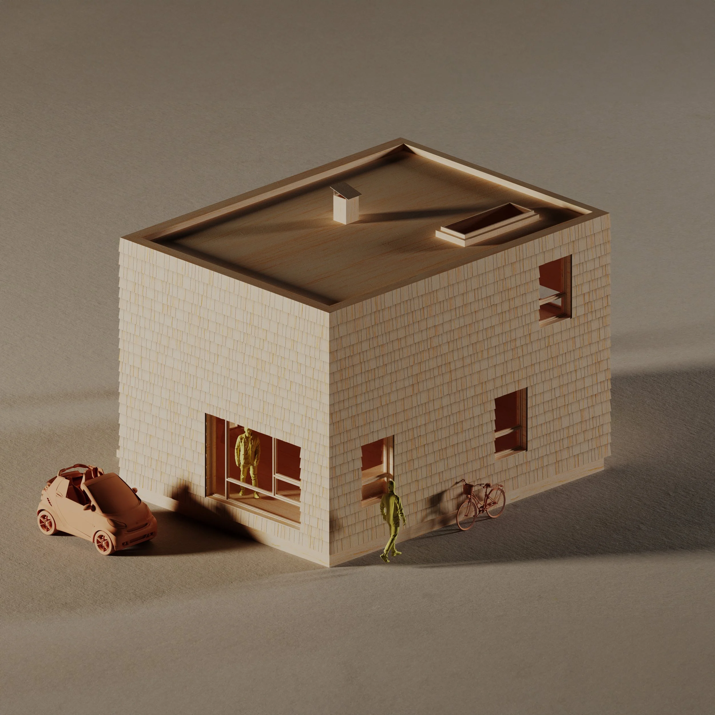 Modular Spectacular Bungalow — 840 sf shingled modular studio with storefront window, isometric model view
