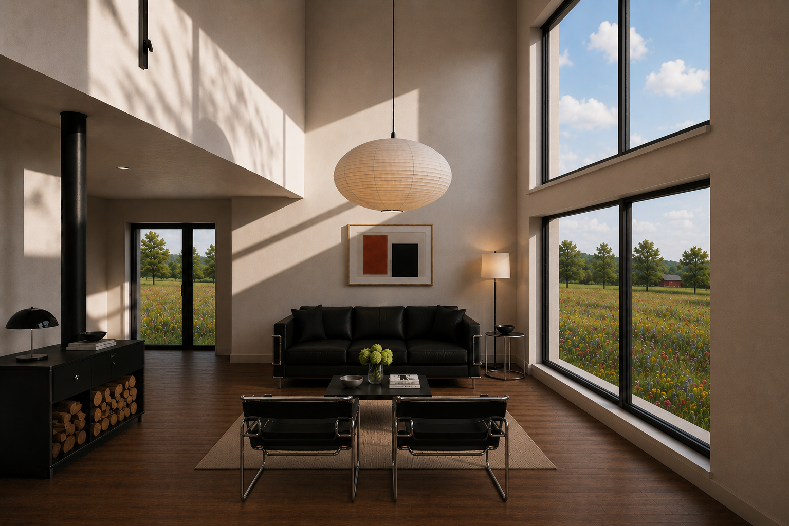 Living space with black leather furniture and meadow views —Modular Spectacular home interior