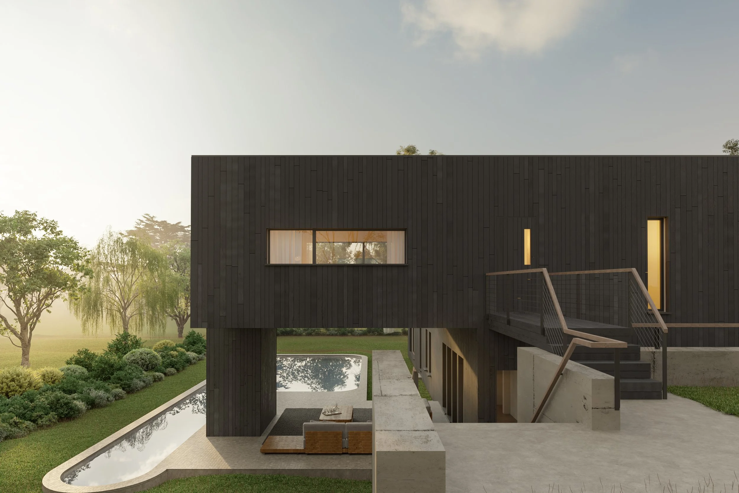 Black-clad Modular Spectacular House bridging a slope, living above and pool below