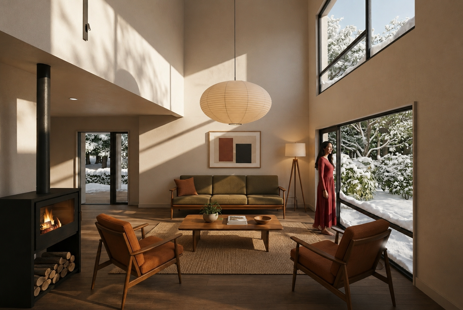 A woman in a red dress looking outside through large windows showing snow-covered trees and ground in a modern living room with beige walls, wooden furniture, a fireplace, and a high ceiling with a paper lantern light.