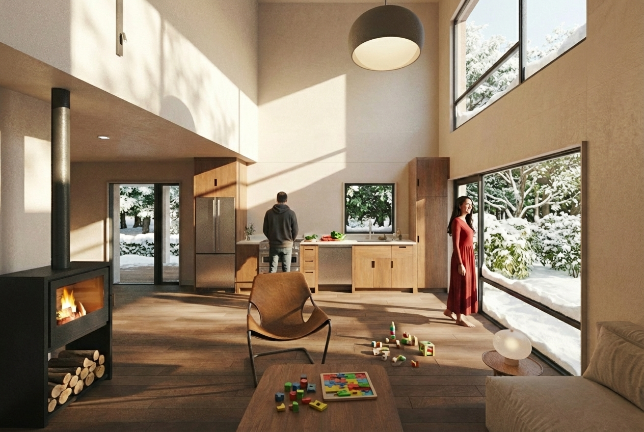 Double-height living space with wood stove and snow-view windows —Modular Spectacular home interior