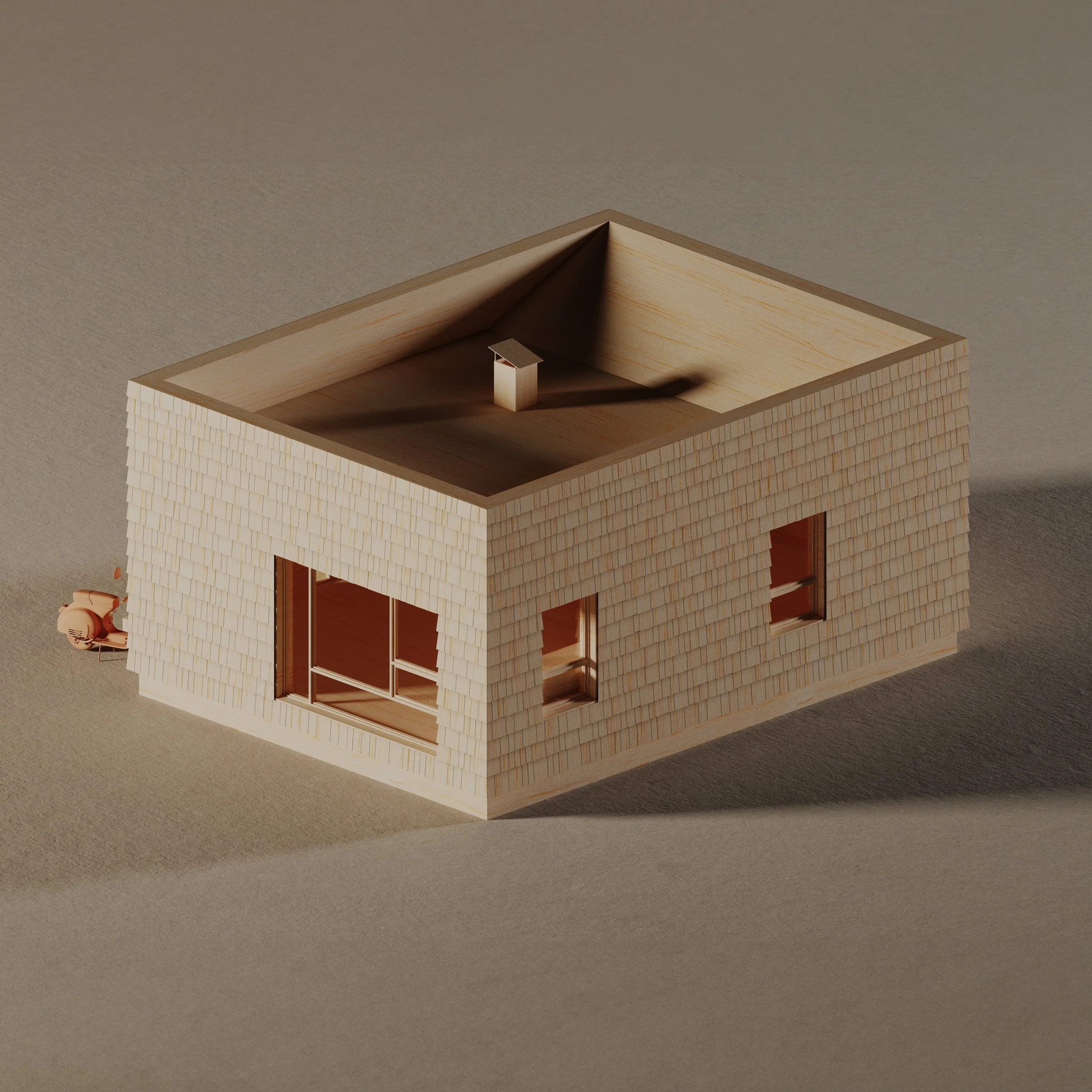 Modular Spectacular Flex Unit — 650 sf shingled modular flex studio and home office with storefront window, isometric model view