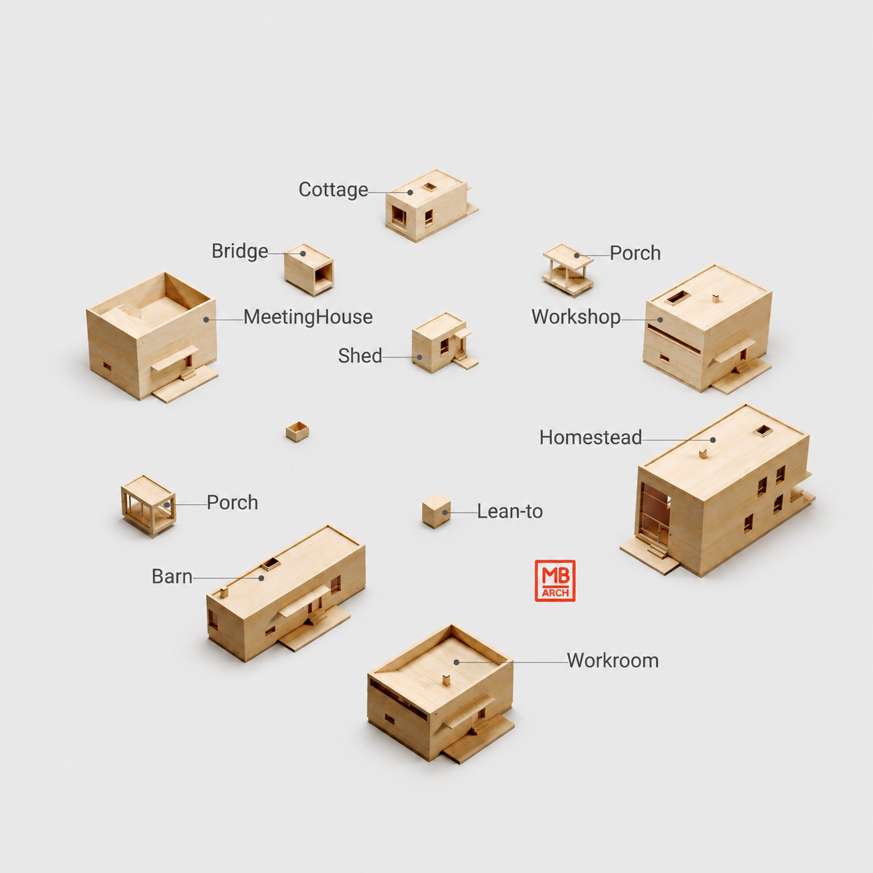 Diagrams of miniature wooden houses labeled Cottage, Porch, Workshop, Homestead, Lean-to, Barn, Workroom, Shed, Meeting House, Bridge, and Porch, arranged on a white background.