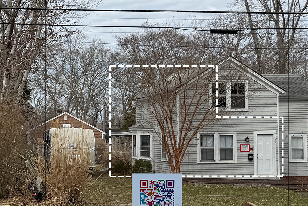 Existing older Sag Harbor, NY house with dashed Mod Spec footprint overlaid —Modular Spectacular home