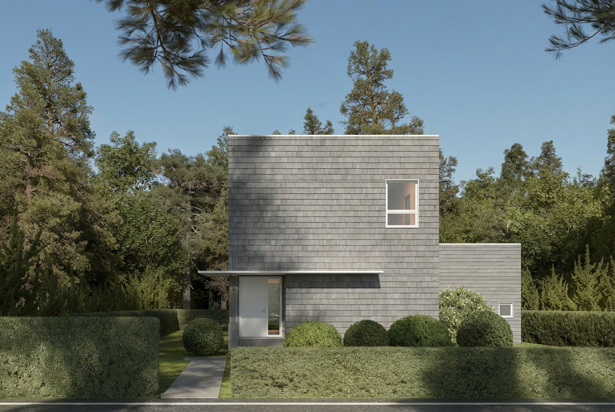 Gray-shingledModular Spectacular Family House with a modest street face and garden entry