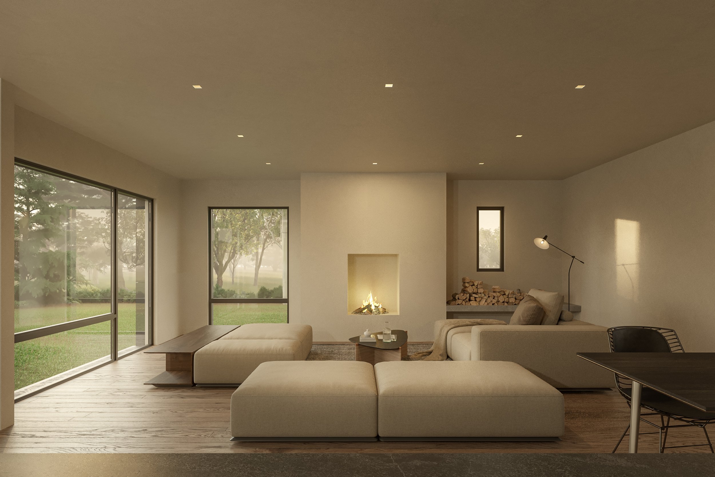Modern living room with large windows, a fireplace, beige sectional sofa, wooden coffee table, and a standing lamp in front of a minimalist wall. Outside greenery is visible through the windows. Modular Spectacular