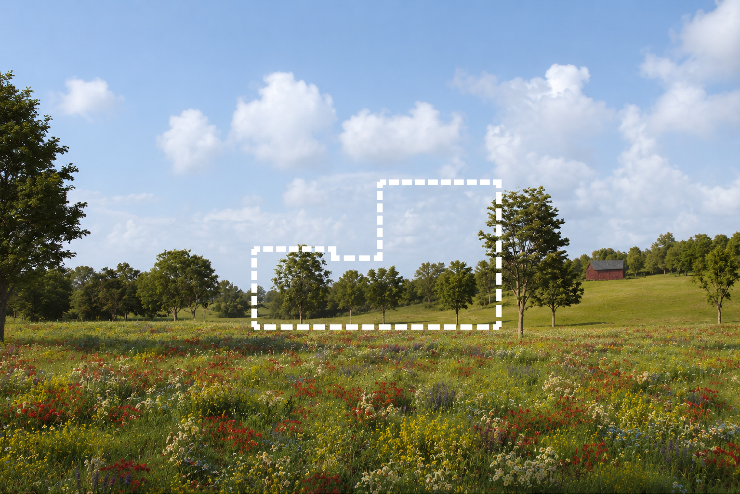 Millbrook, NY wildflower meadow with dashed Modular Spectacular house footprint — Modular Spectacular home