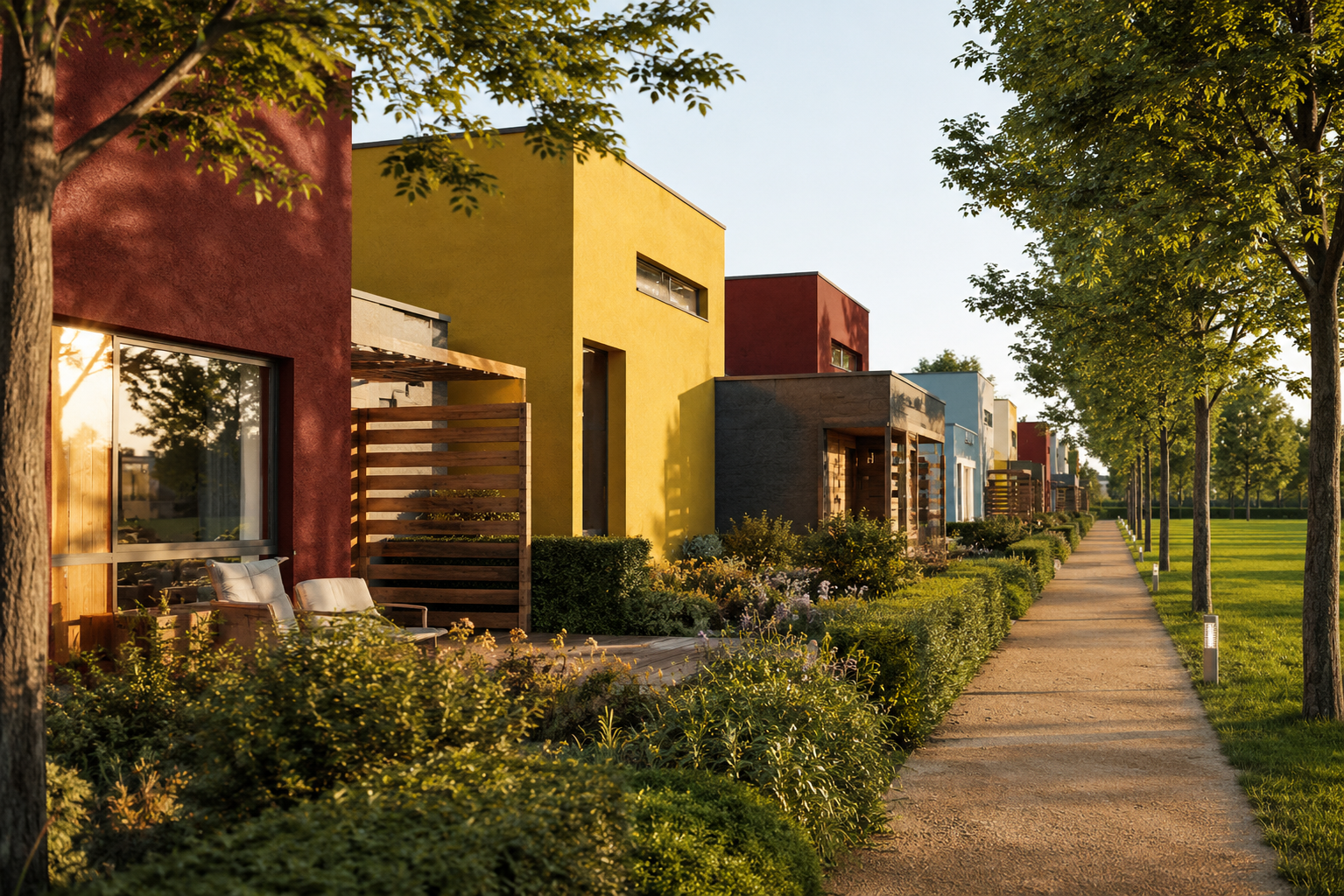 Colorful modern houses along a tree-lined sidewalk during sunset.