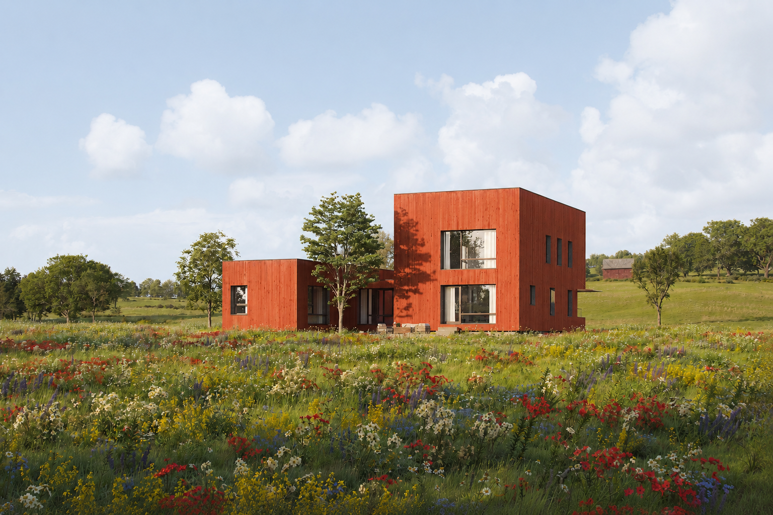 Red-clad Modular Spectacular Family House sited in a forty-acre meadow