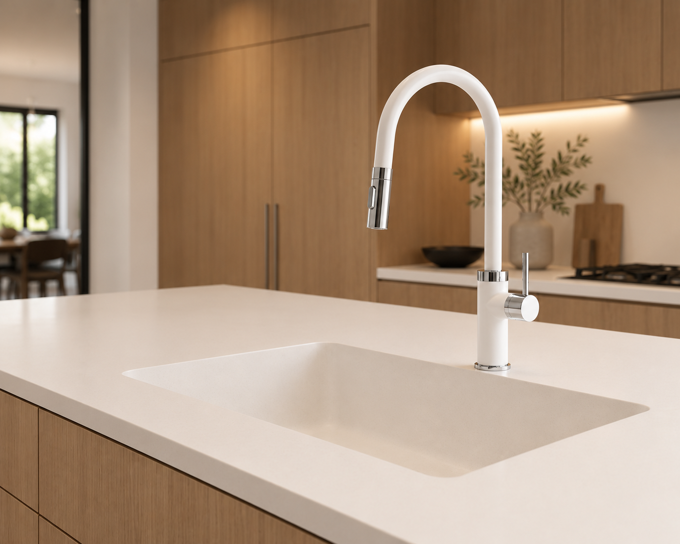 Modern kitchen with white countertop and a sleek white and stainless steel faucet.