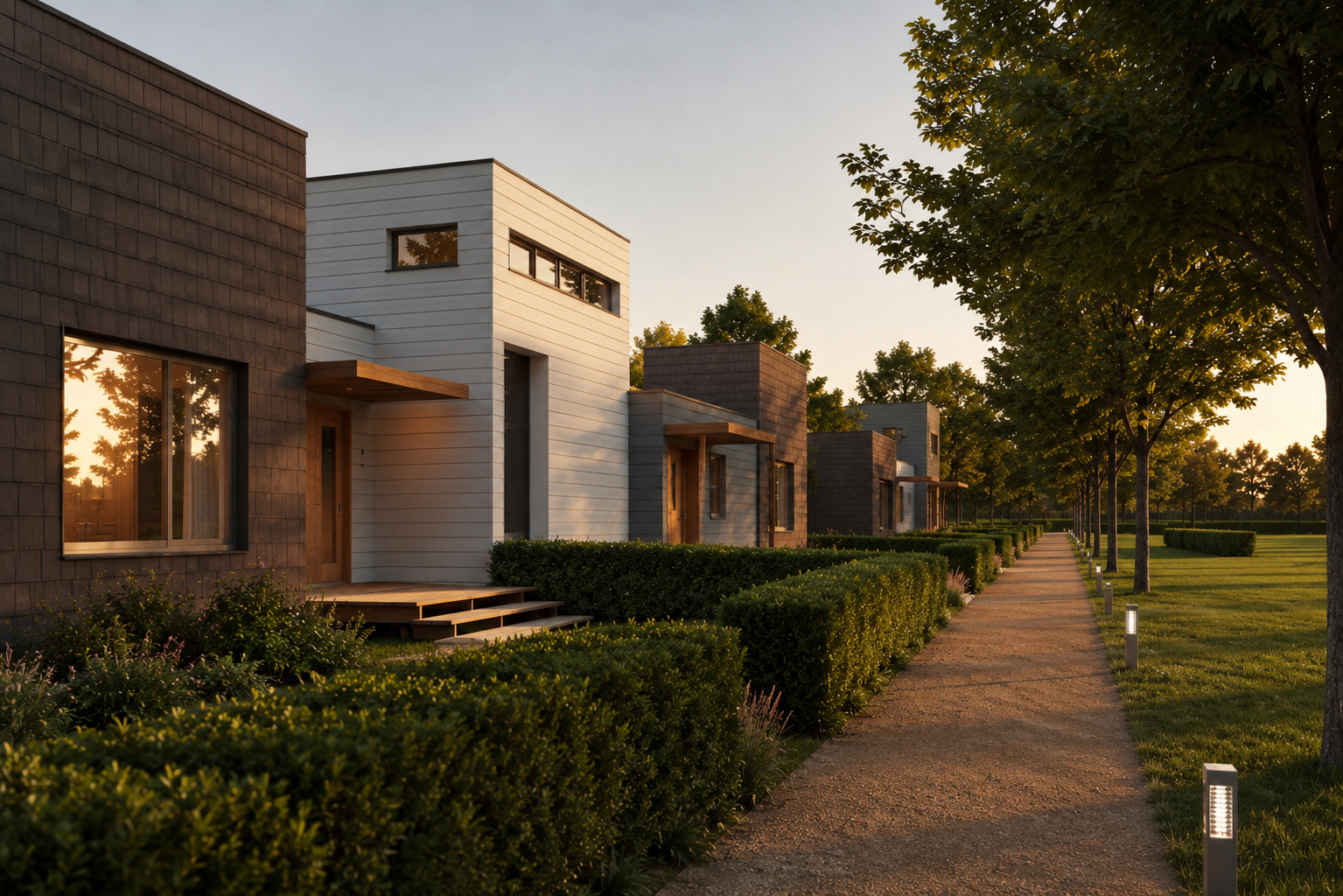 Tree-lined street of differently clad Modular Spectacular homes with gardens