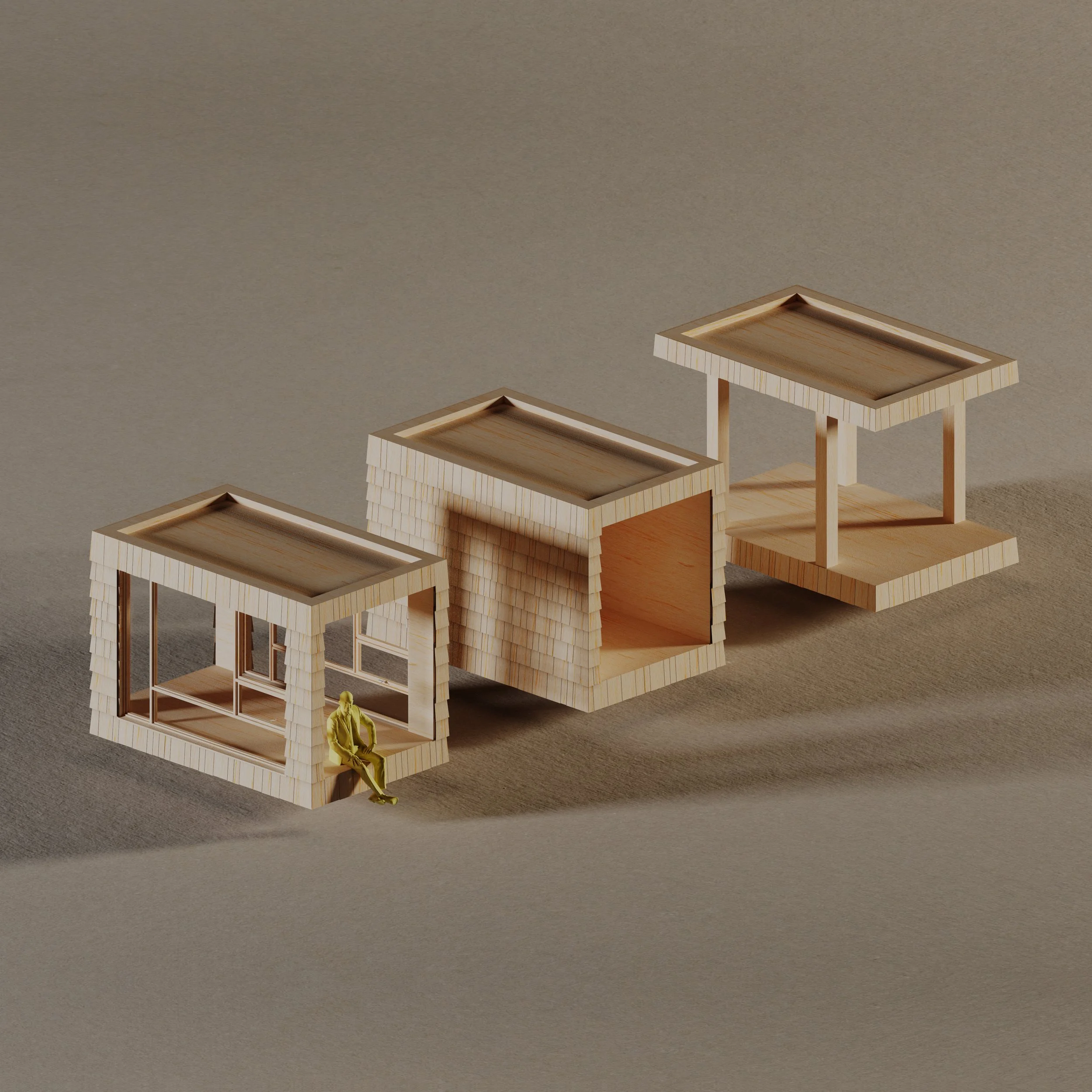 Modular Spectacular connectors — 105 sf Porch, Hall, and Bridge shingled links shown in isometric model view