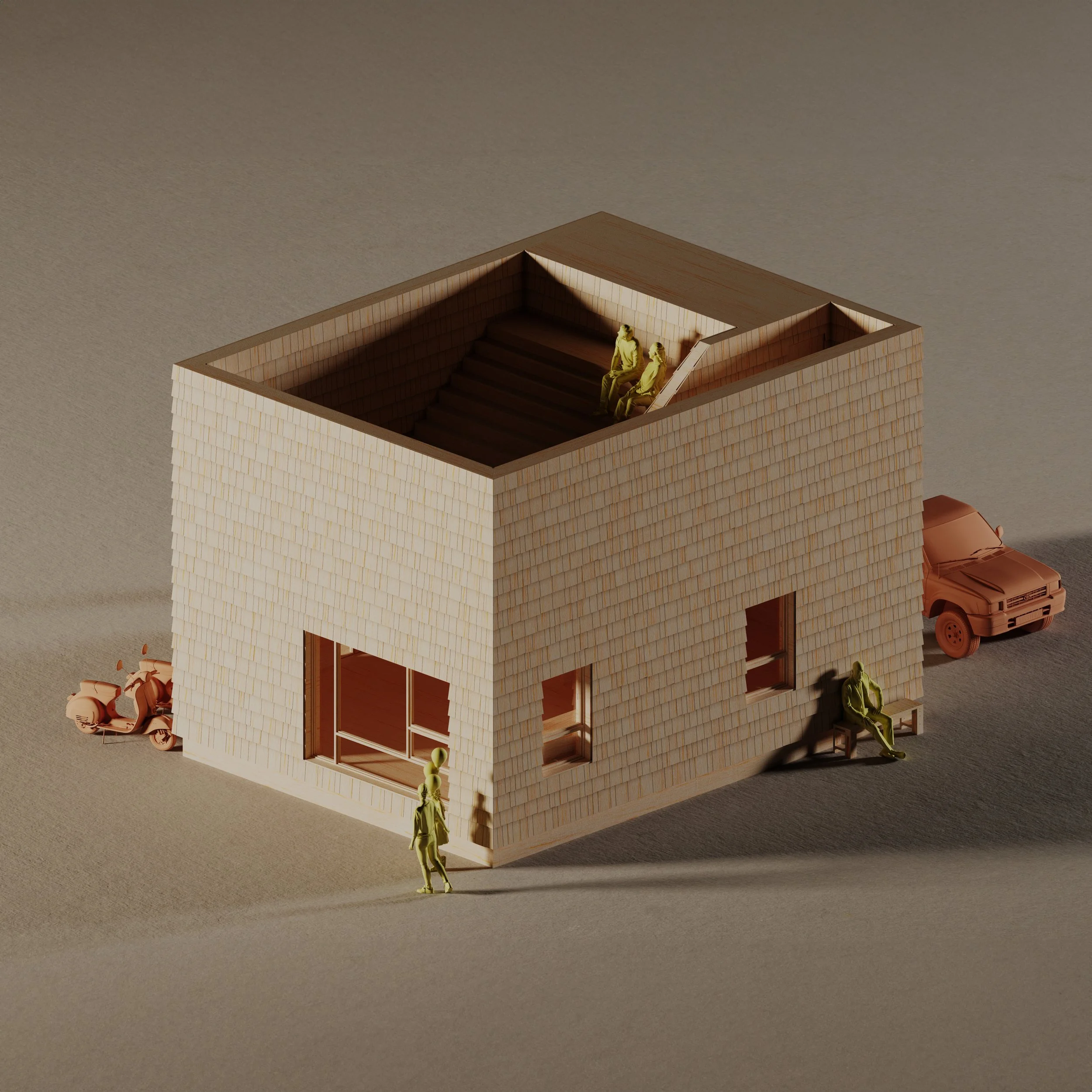 Modular Spectacular Meetinghouse — 715 sf shingled modular gathering space with open-air rooftop theater, isometric model view
