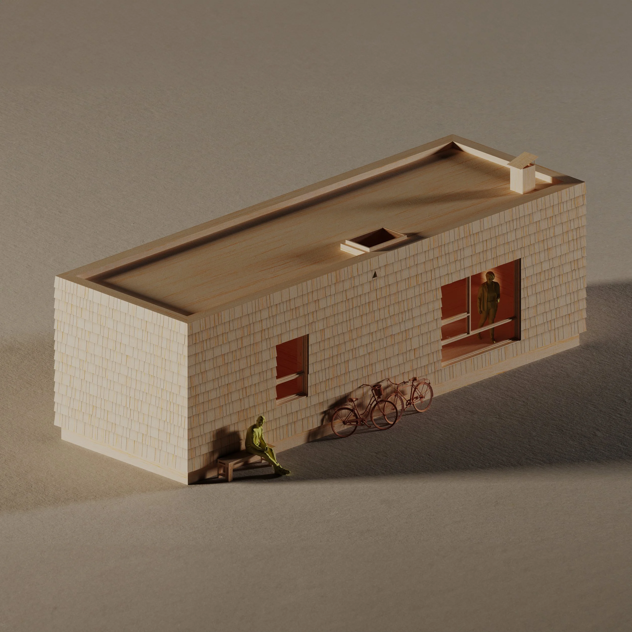 Modular Spectacular Shotgun — 600 sf elongated shingled modular building with storefront window, isometric model view