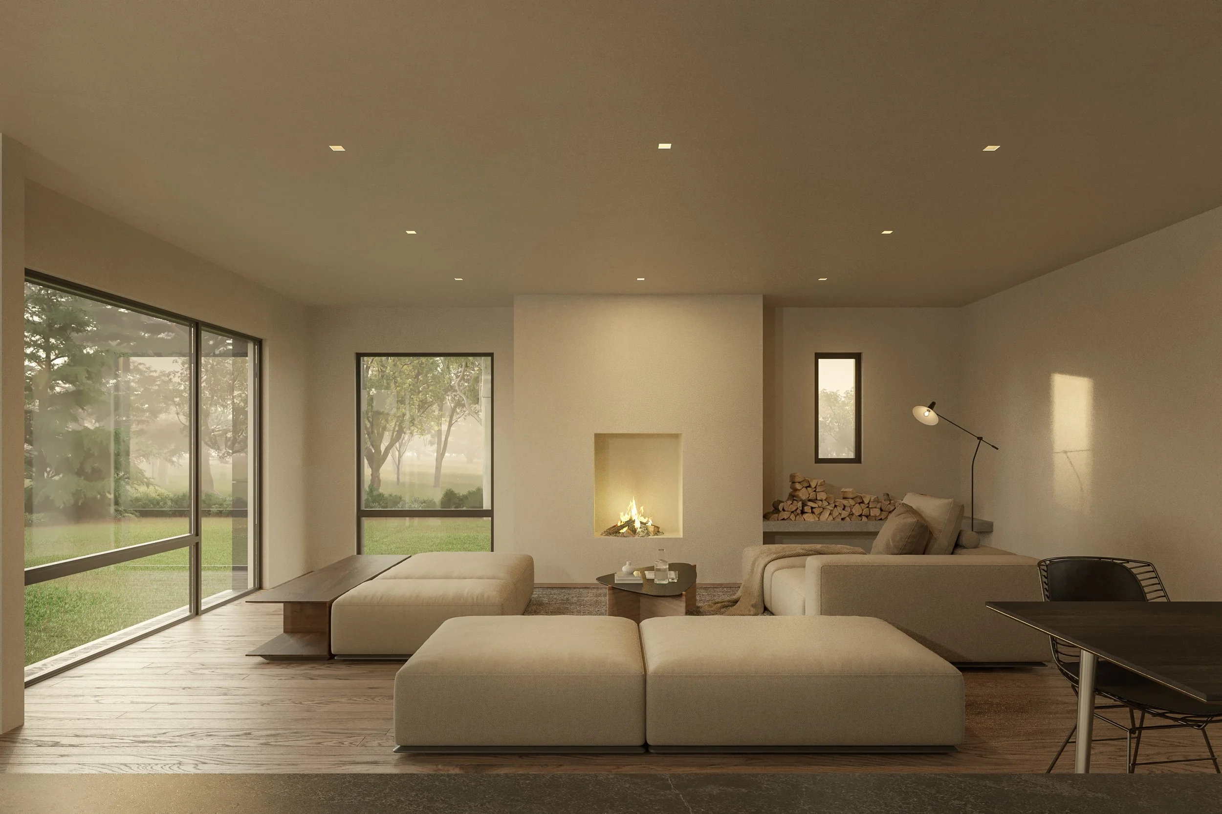 Living room with wood stove and snow-view windows — Modular Spectacular home interior