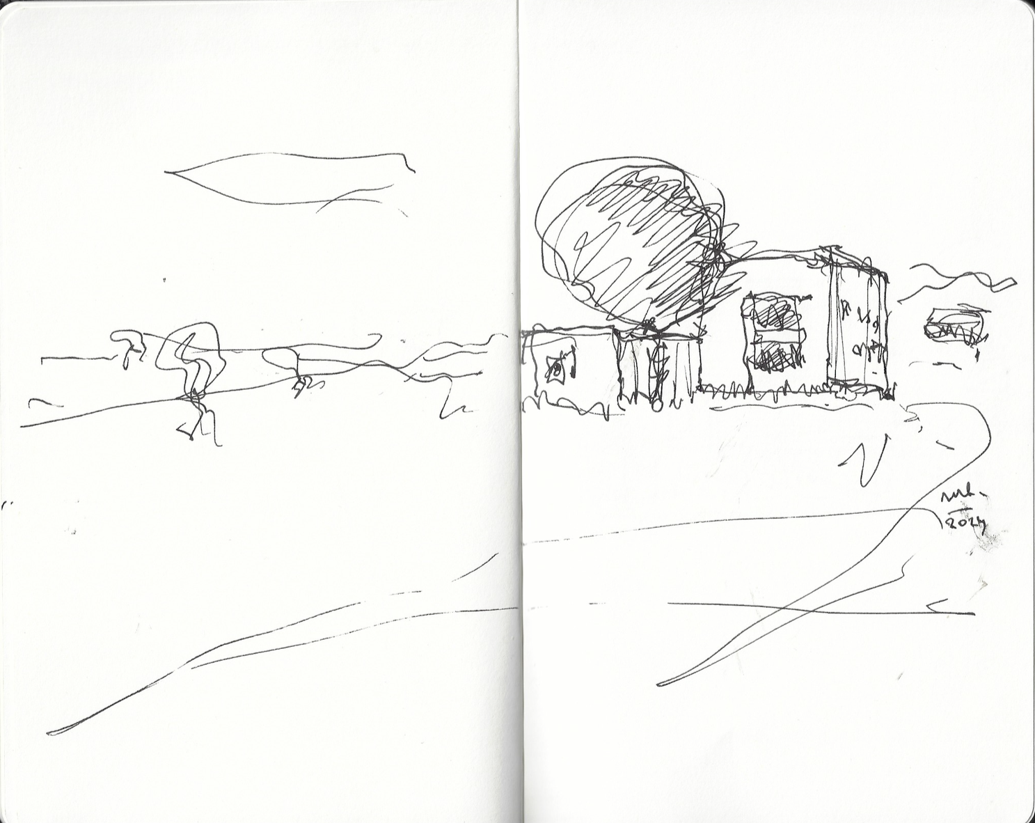 Architect's sketch of three simple forms settling into the meadow