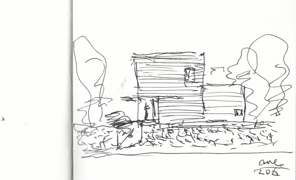 Architect's sketch of two volumes forming a sheltered entry and garden
