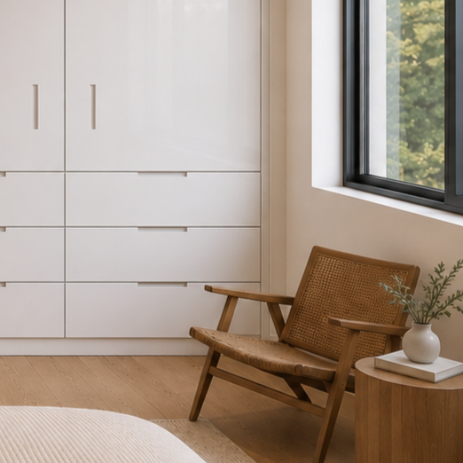 A cozy corner in a modern room with white cabinets, a wooden chair with a woven backrest, a small side table with a vase of greenery, and a large window with a view of trees outside.
