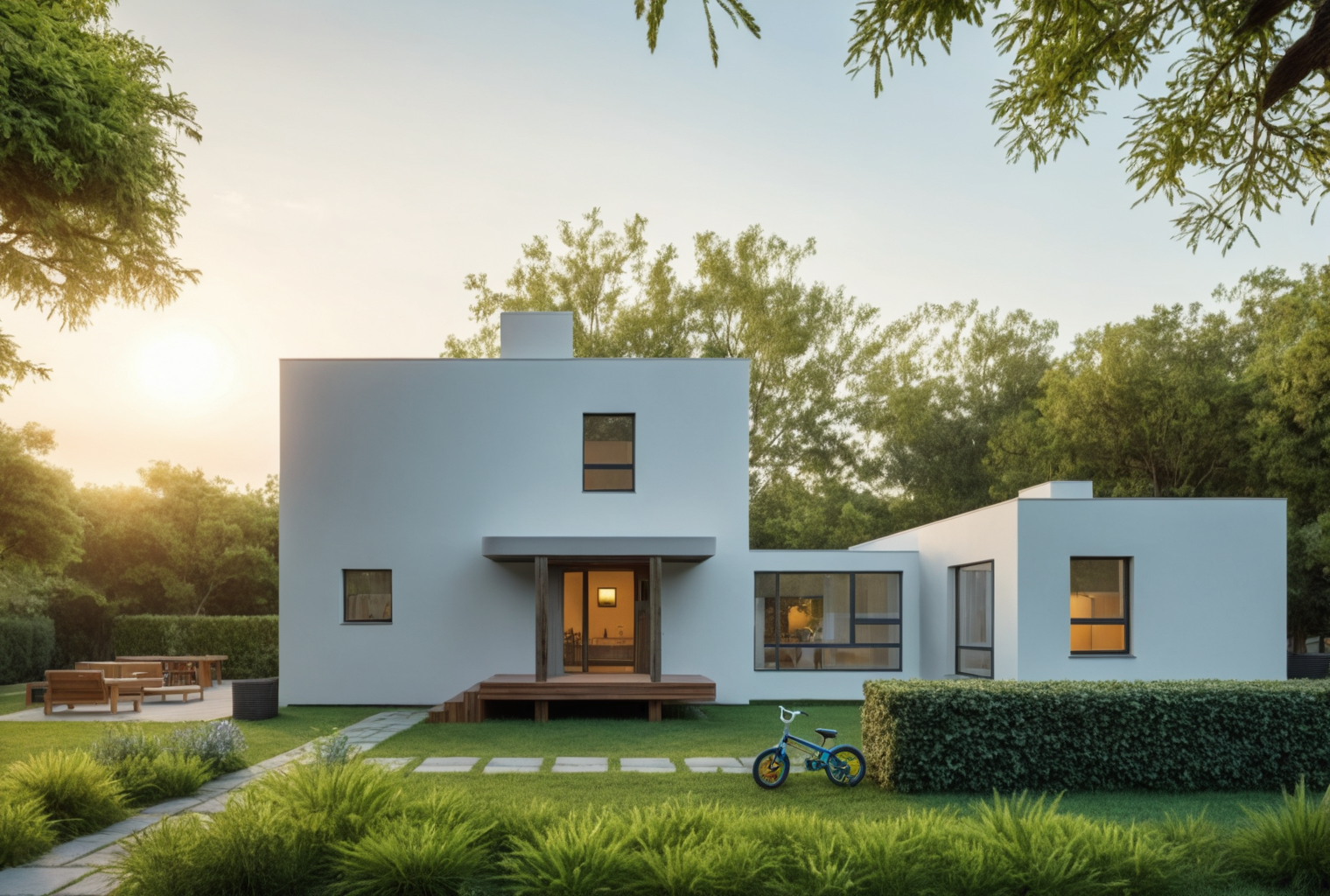 Modular Spectacular Family House, white two-story home with porch entry at dusk