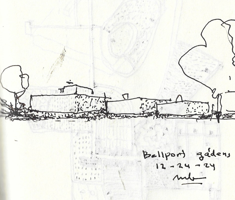 Architect's ink sketch of the Bellport house wrapped by garden rooms