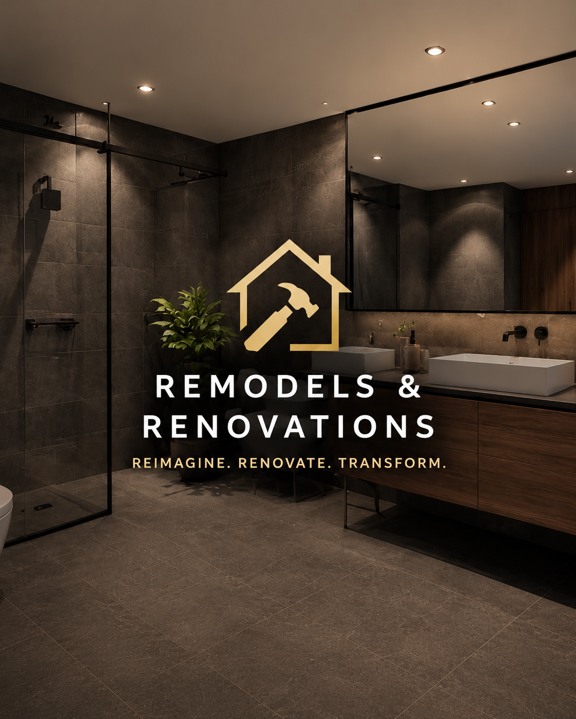 Modern bathroom with a double sink vanity, large mirror, walk-in shower, and potted plant, promoting remodeling and renovation services.