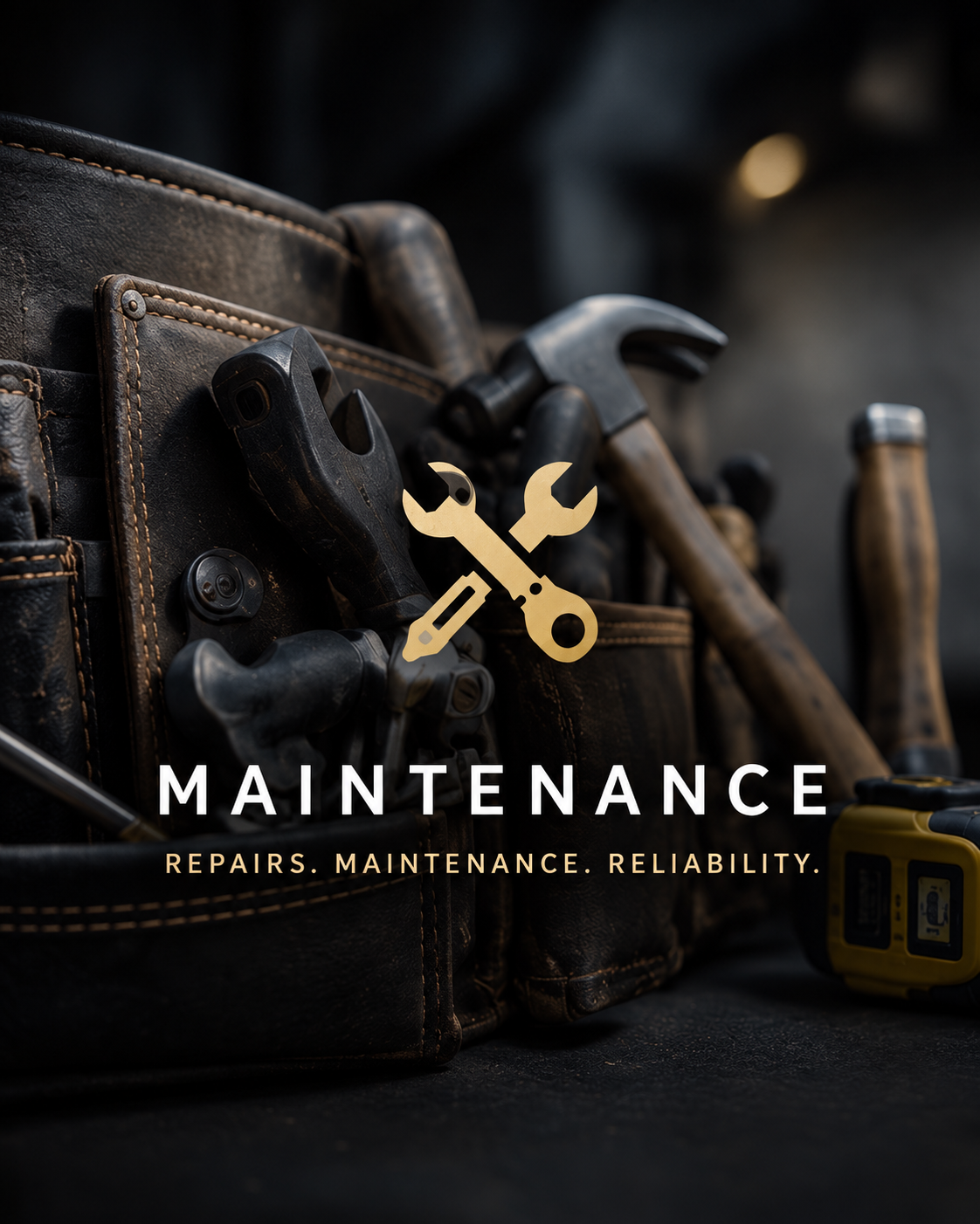 A black leather tool bag with various hand tools such as a hammer, wrench, and screwdrivers, with a yellow measuring tape nearby. Overlayed on the image is a gold wrench and screwdriver icon, and white text that reads "Maintenance" with smaller text underneath saying "Repairs. Maintenance. Reliability.".