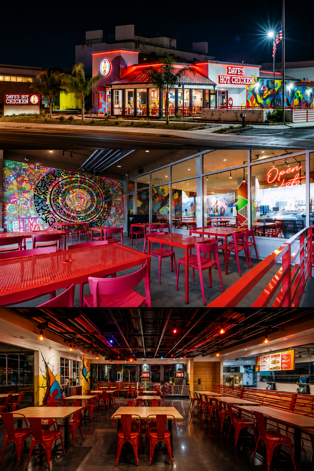 Night view of Dave's Hot Chicken restaurant exterior with colorful mural, illuminated signs, and palm trees; inside interiors with vibrant wall art, red tables and chairs, and dim lighting.