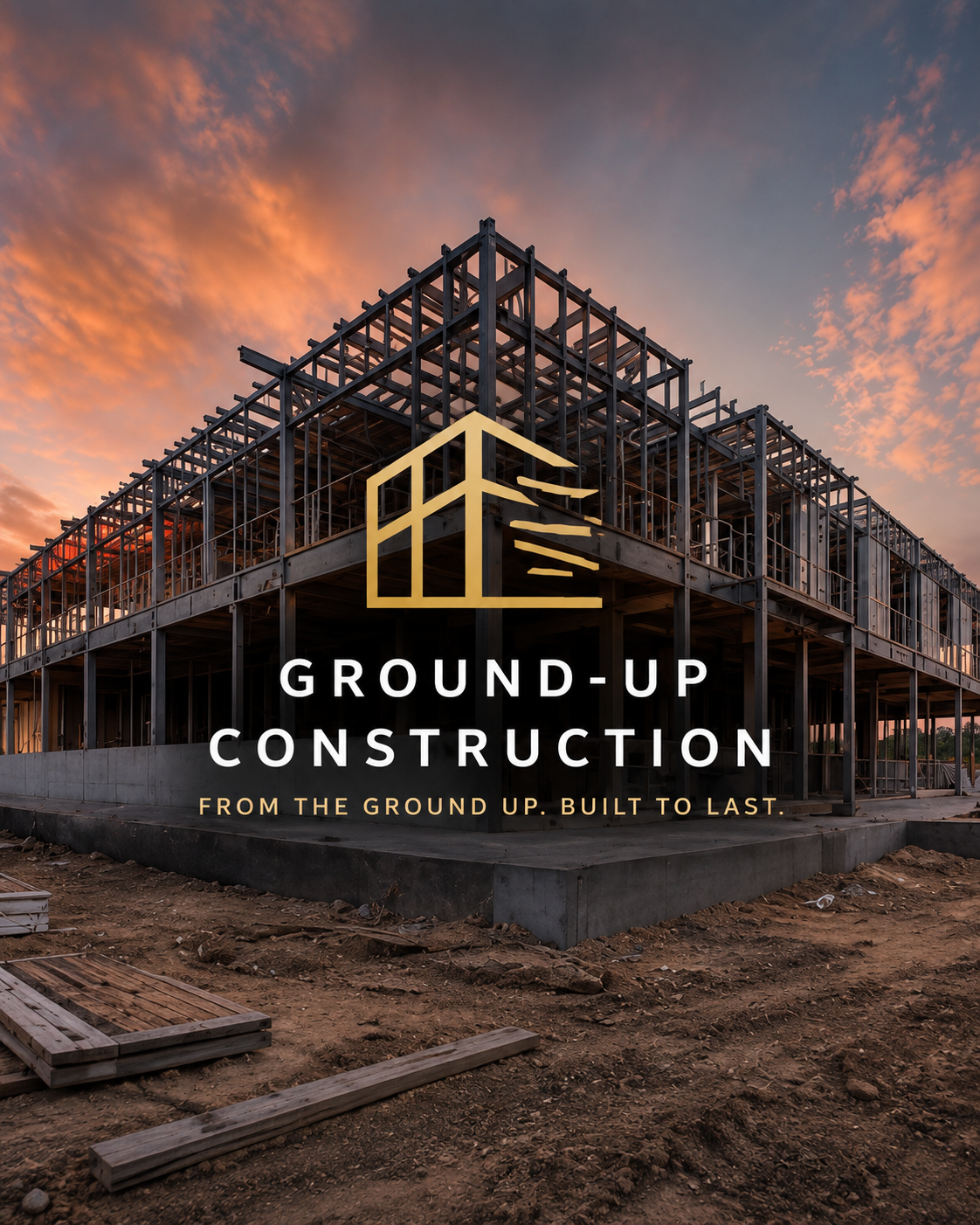 Under construction building framework at sunset with ground-up construction logo and tagline.