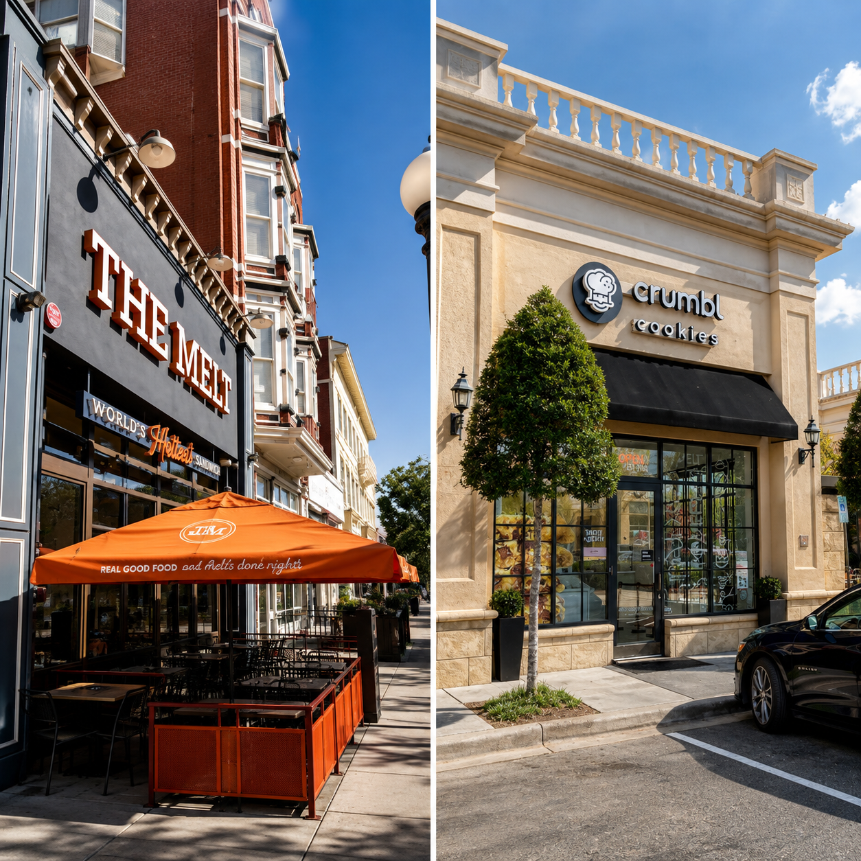 Two storefronts on a city street. The left shop is called "The Melt" with outdoor seating under an orange umbrella, and the right shop is called "Crumbl Cookies" with a black awning and a small tree outside.