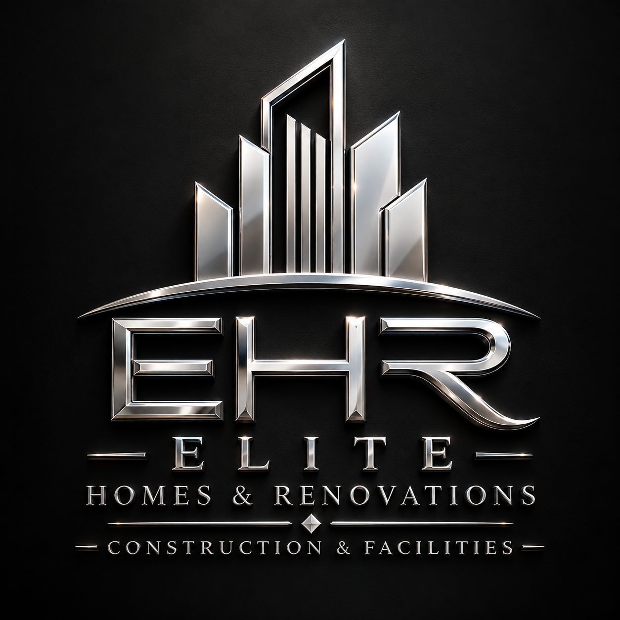 A metallic logo for EHR Elite Homes & Renovations, featuring a stylized city skyline above the company name, with additional text indicating construction and facilities services, set against a black background.