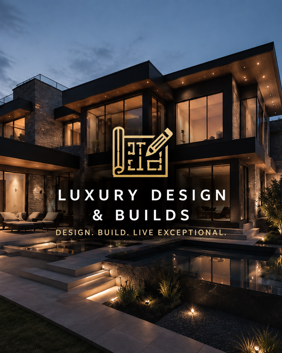 Modern luxury home with large glass windows, outdoor seating area, and landscaped yard at dusk, featuring the text 'Luxury Design & Builds' and a logo of a pencil and blueprint.