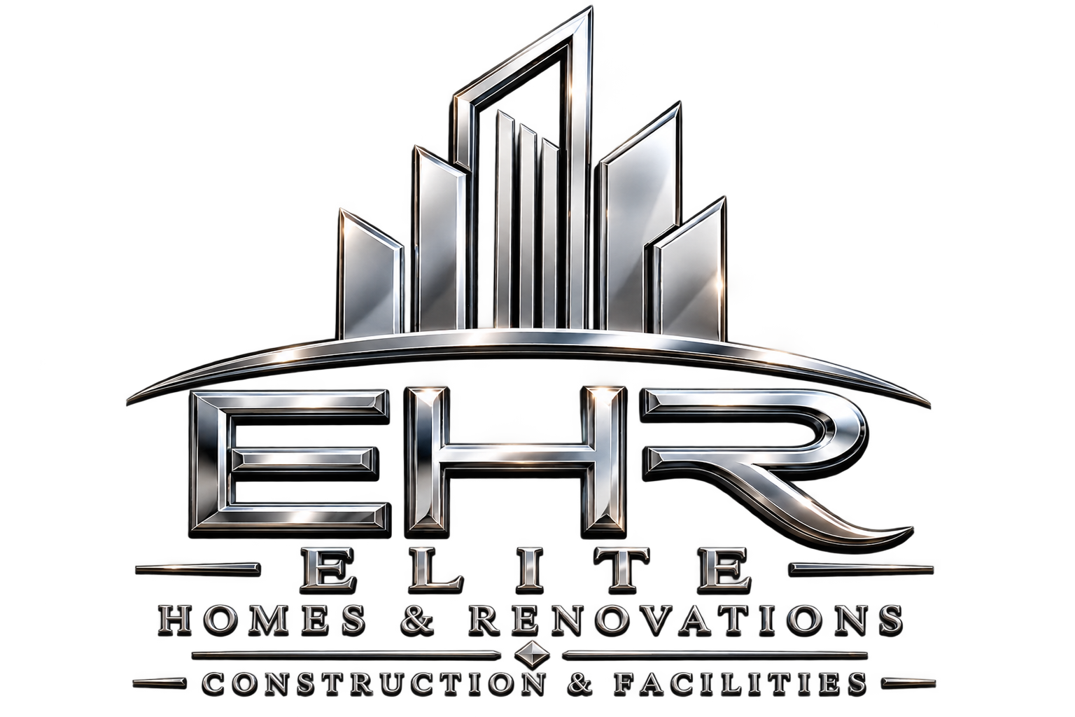 A metallic logo for EHR Elite Homes & Renovations Construction & Facilities featuring a skyscraper design above the company name.
