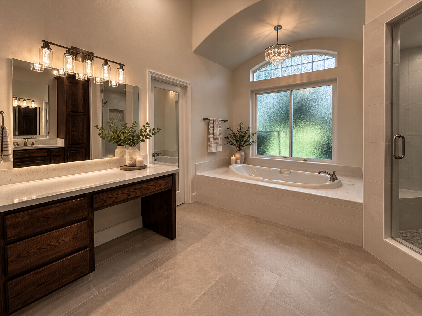 Modern bathroom with a large bathtub near a frosted window, a vanity with a mirror and lighting, a glass shower, and decorative plants.