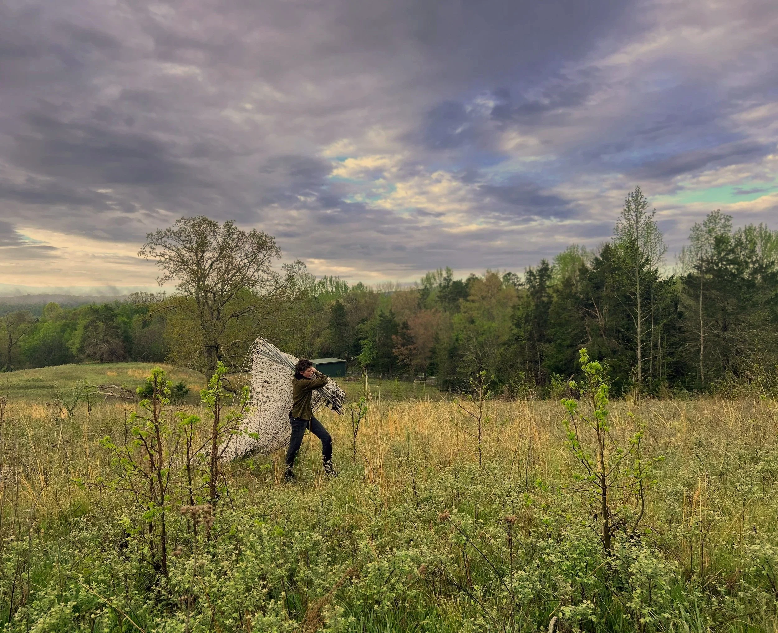 A person carrying a large rolled-up net through a grassy field with trees in the background and a sky filled with gray clouds.
