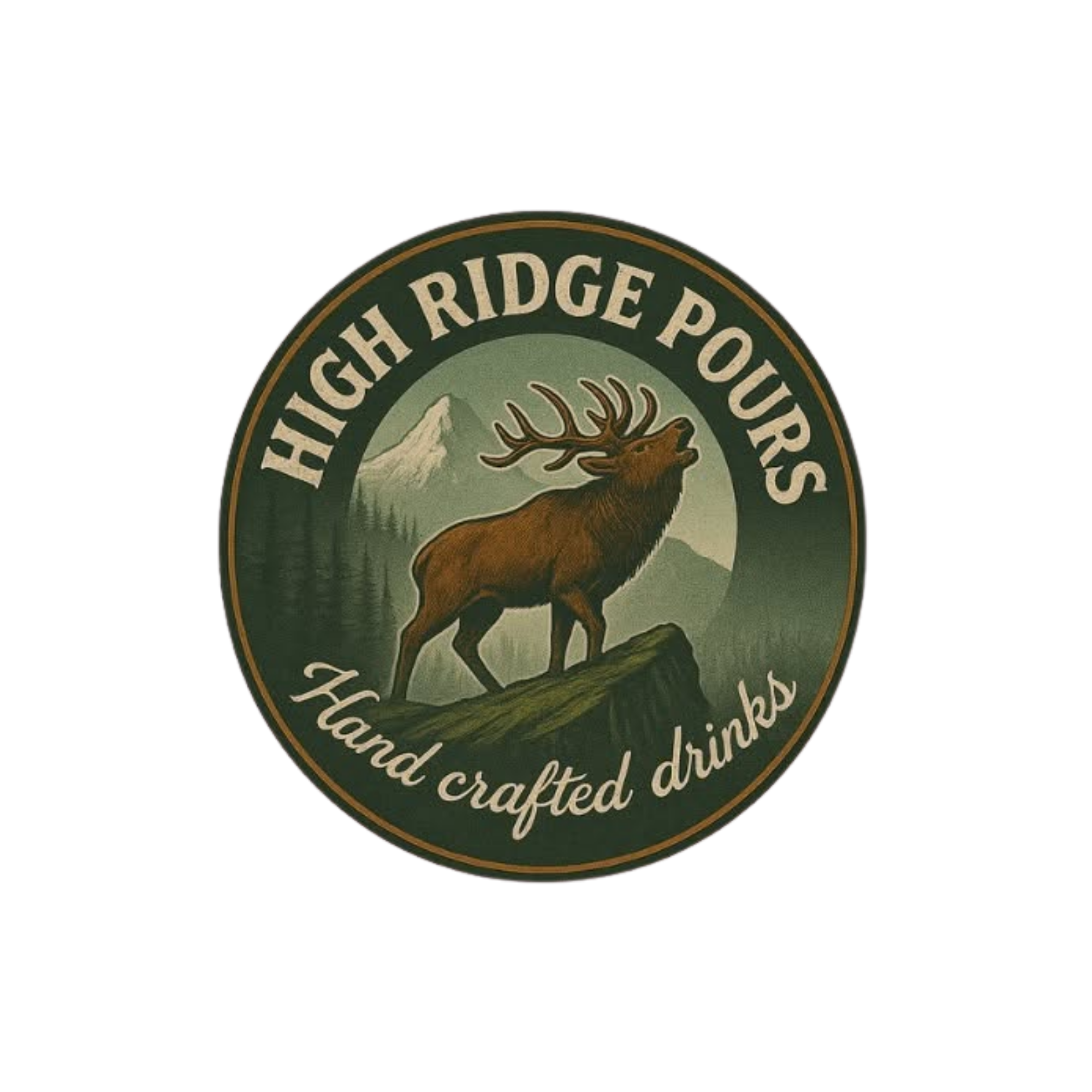 Logo of High Ridge Pioneers with a moose, mountains, and trees in a circular design.