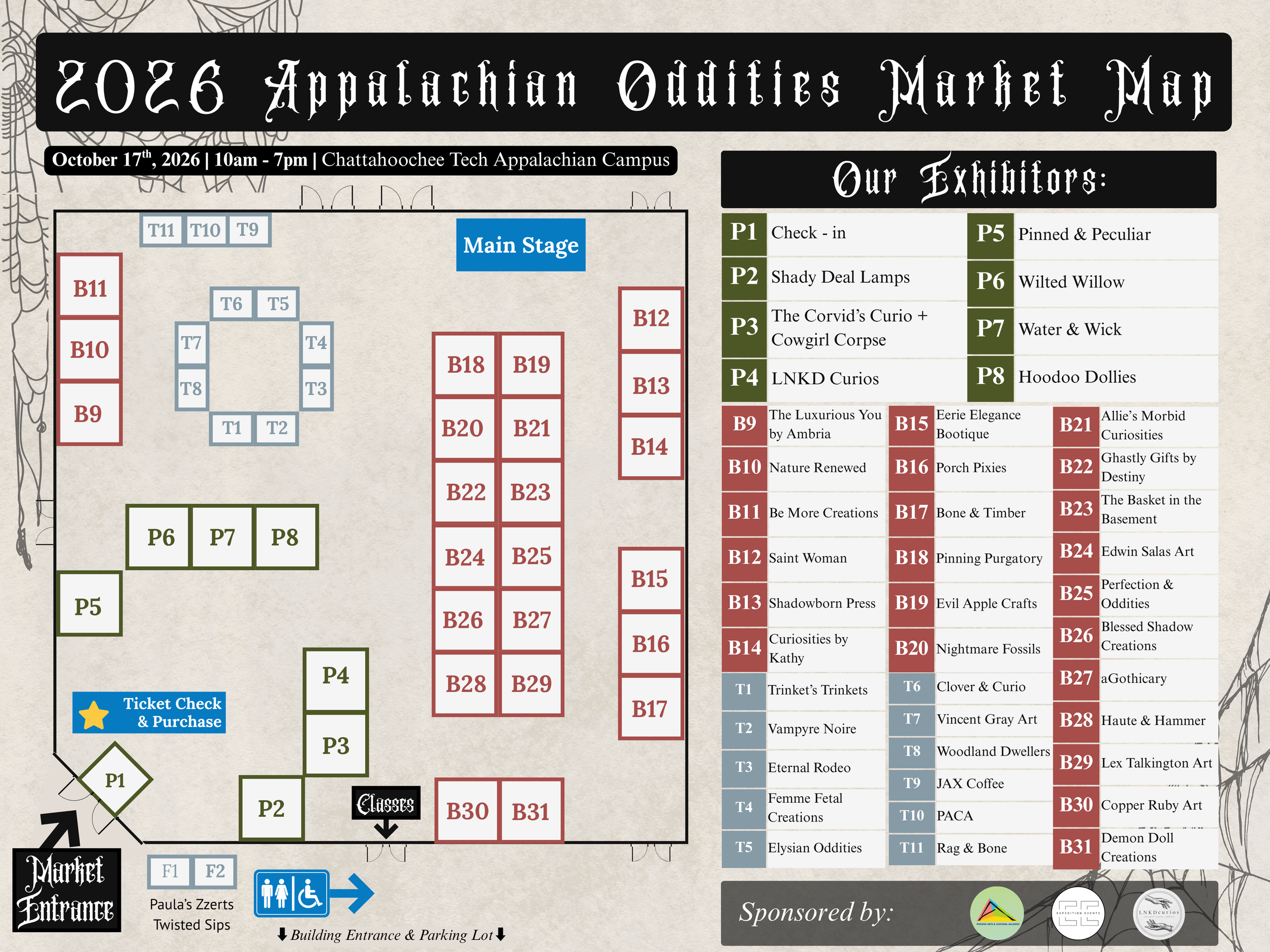 Map of the 2026 Appalachian Outies Market held on October 17, 2026, at Chattahoochee Tech Appalachian Campus, showing vendor booths, main stage, and entrance areas with labeled sections and pathways.