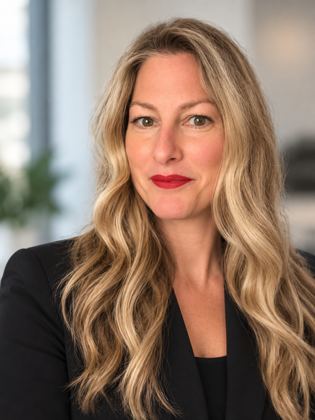 A woman with long, wavy blonde hair, wearing red lipstick and a black blazer, looking confidently at the camera in an indoor setting.