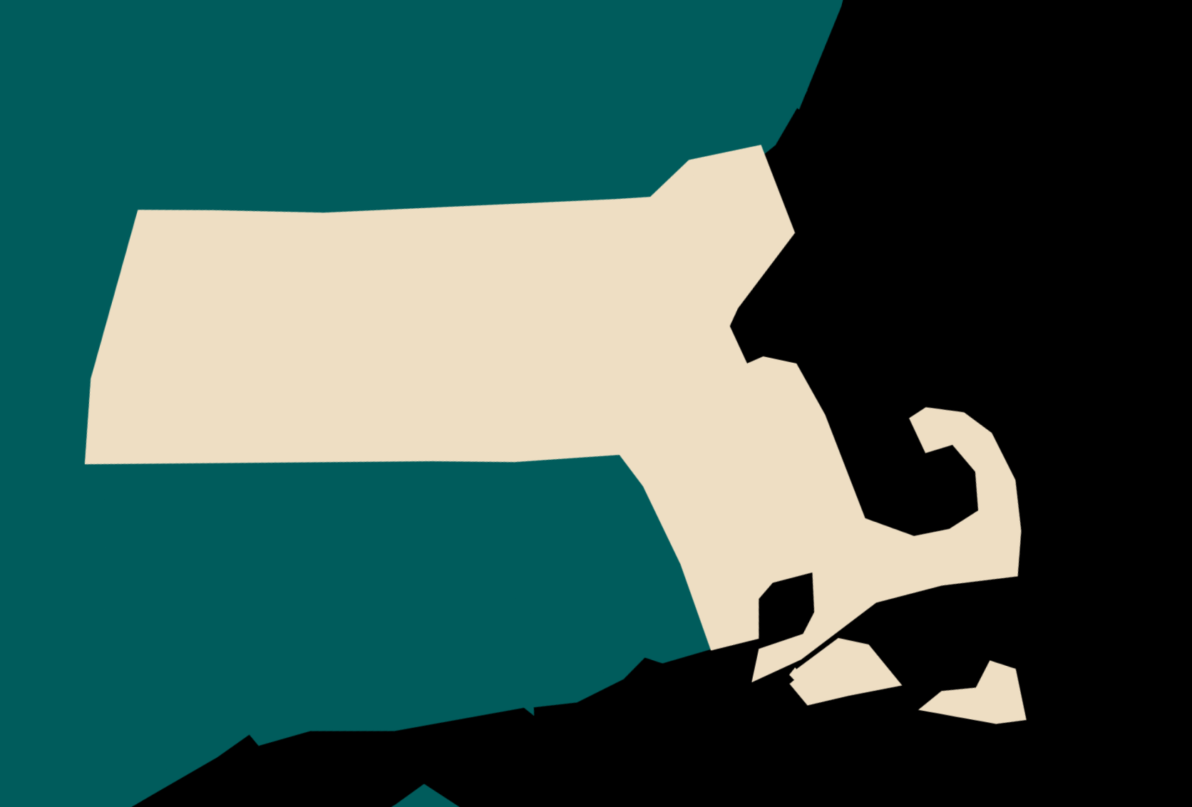 Illustration of the state of Massachusetts highlighted against a broader image of New England the ocean.